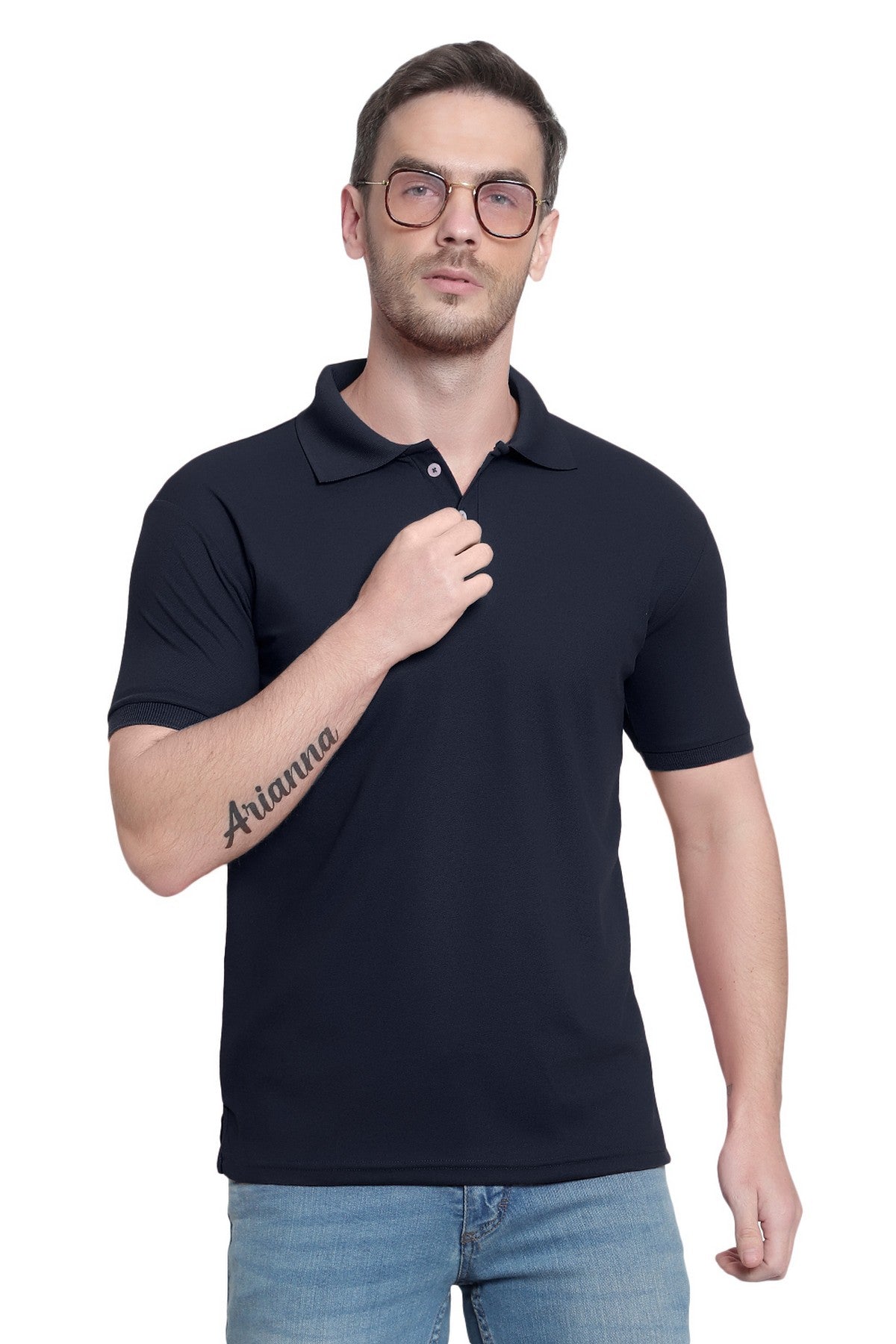Navy Blue Solid Men Polo Neck T-Shirt for Office