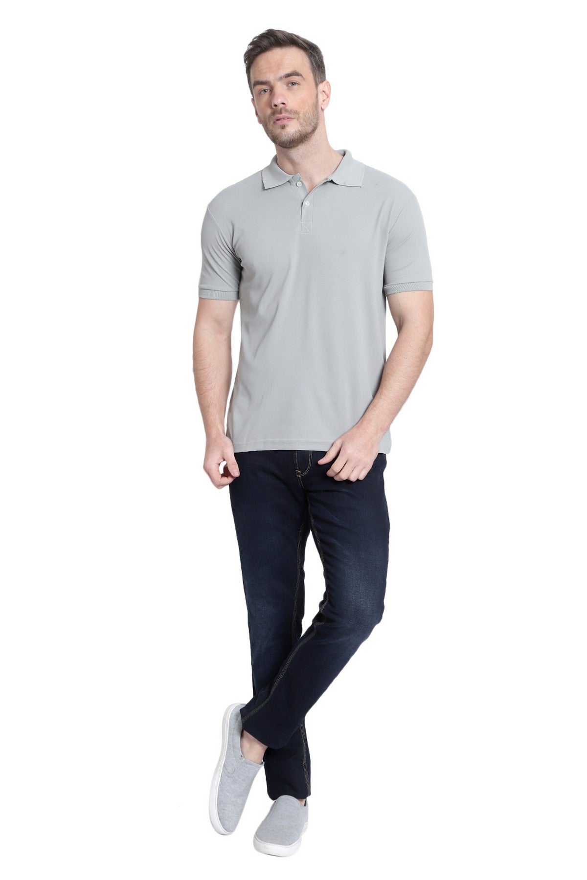 Grey Solid Men Polo Neck Peach T-Shirt