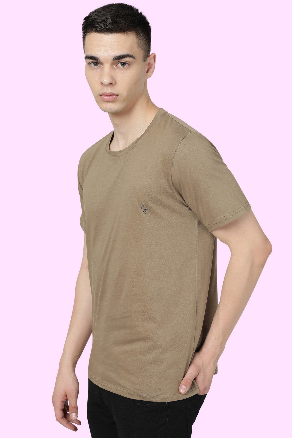 Khakhi Solid Men Half Sleeve Pure Cotton Round Neck T-Shirt
