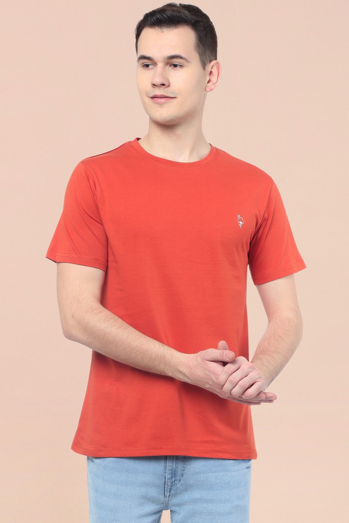 Orange Solid Men Half Sleeve Pure Cotton Round Neck T-Shirt